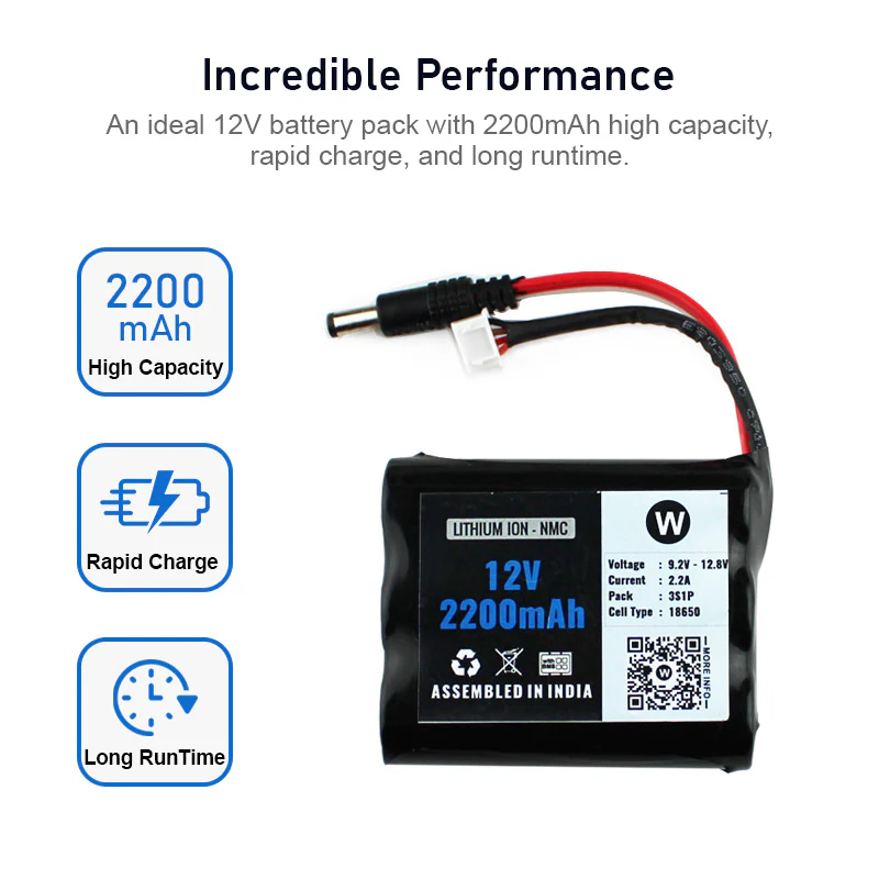 WATTNINE 12V 2200mAh Rechargeable Lithium Battery Pack with Warranty (includes BMS & balance pin) for GPS, CCTV, Industrial and Commercial Application - Image 3