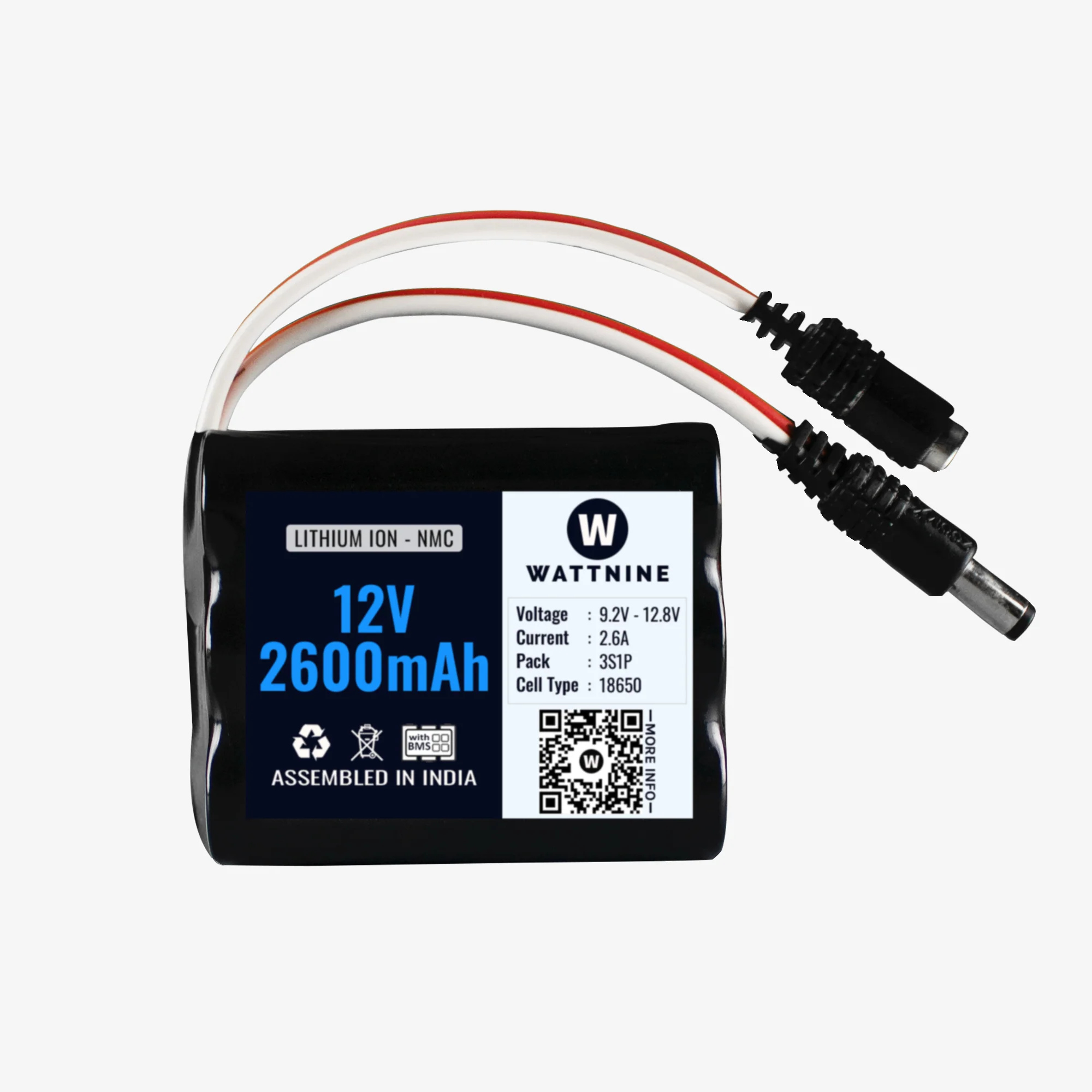 WATTNINE® 12V 2600 mAh Rechargeable Lithium Battery Pack with Warranty (includes BMS) for GPS, CCTV, Industrial and Commercial Application