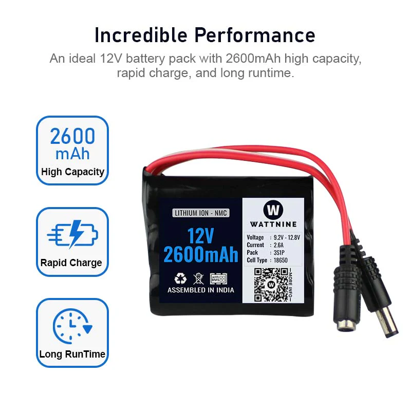 WATTNINE® 12V 2600 mAh Rechargeable Lithium Battery Pack with Warranty (includes BMS) for GPS, CCTV, Industrial and Commercial Application - Image 2