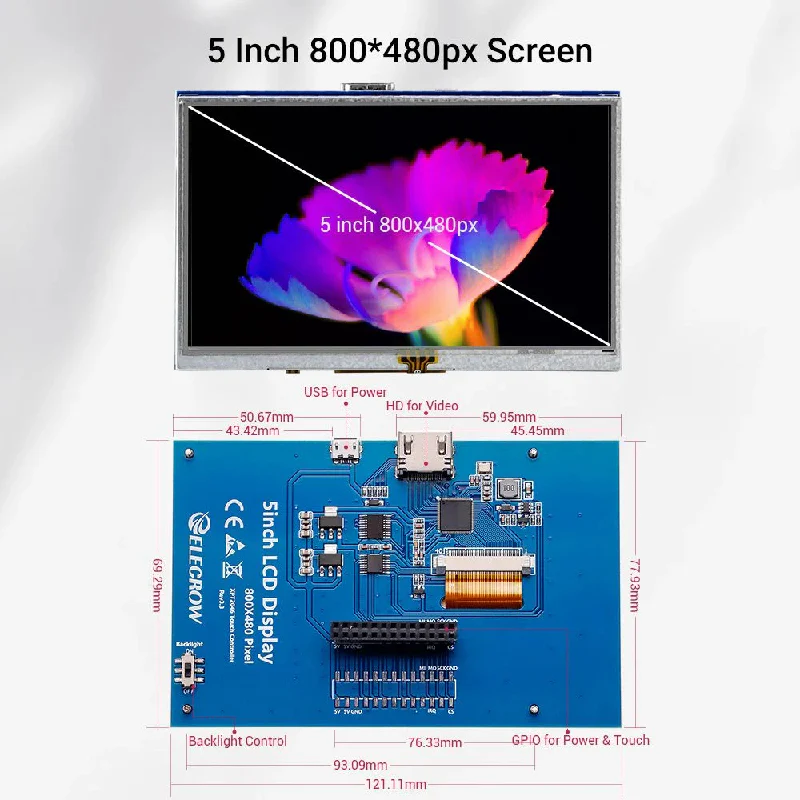 Elecrow RR050 5inch 800x480 Resistive Touch Screen TFT Display for Raspberry Pi - Image 4