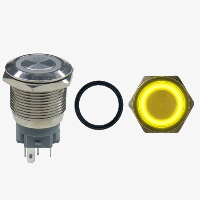Flat Head 12mm 12V Ring Light Self-Lock Non-Momentary Metal Push-Button Switch - Yellow Light - Image 2