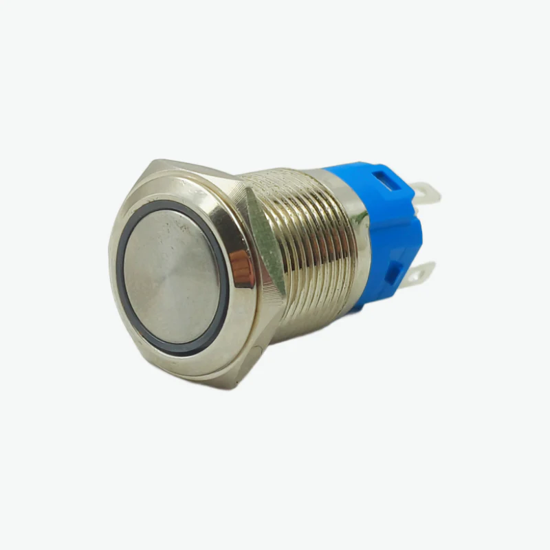 Flat Head 16mm 12V-24V Latching Metal Push Button Switch - Green (5 Pin IP67 Waterproof Ring LED Illumination)