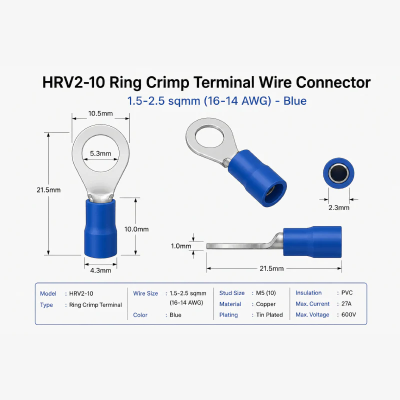 HRV2-10 Ring Crimp Terminal Wire Connector 1.5-2.5 sqmm (16-14 AWG) - Blue - Image 4