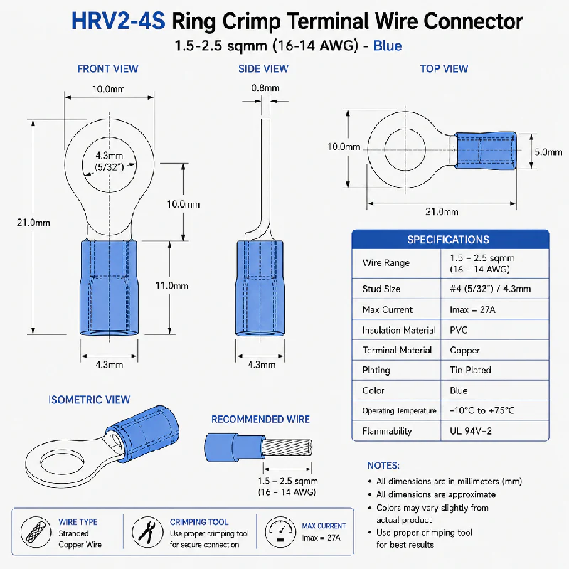 HRV2-4S Ring Crimp Terminal Wire Connector 1.5-2.5 sqmm (16-14 AWG) - Blue - Image 4
