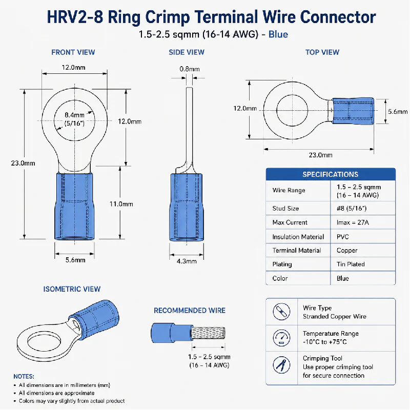 HRV2-8 Ring Crimp Terminal Wire Connector 1.5-2.5 sqmm (16-14 AWG) - Blue - Image 4