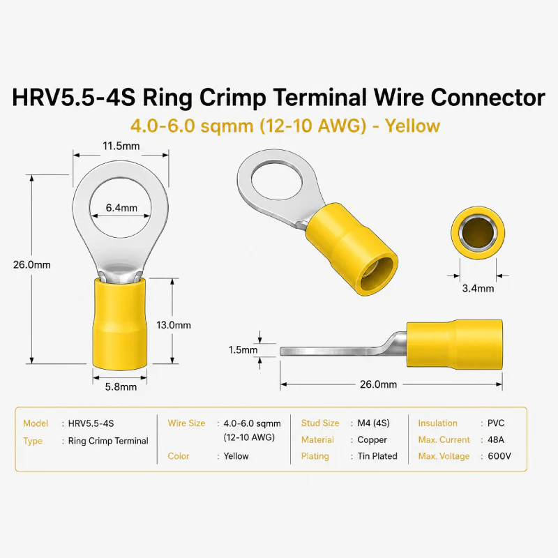 HRV5.5-4S Ring Crimp Terminal Wire Connector 4.0-6.0 sqmm (12-10 AWG) - Yellow - Image 4