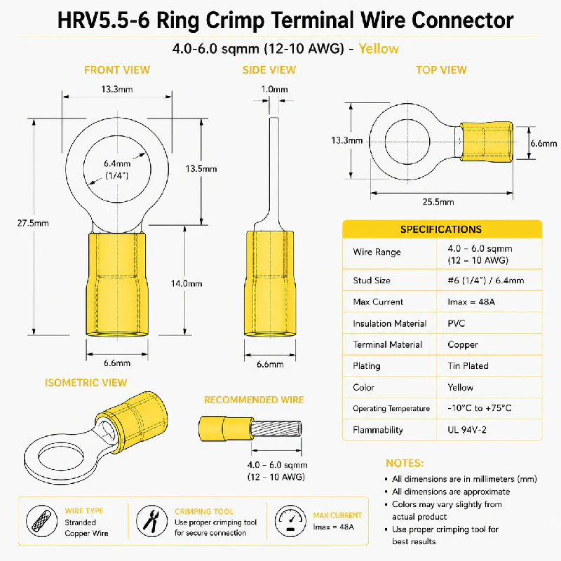 HRV5.5-6 Ring Crimp Terminal Wire Connector 4.0-6.0 sqmm (12-10 AWG) - Yellow - Image 4
