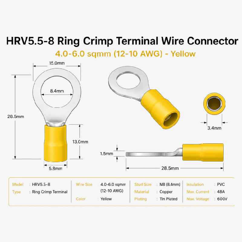 HRV5.5-8 Ring Crimp Terminal Wire Connector 4.0-6.0 sqmm (12-10 AWG) - Yellow - Image 4