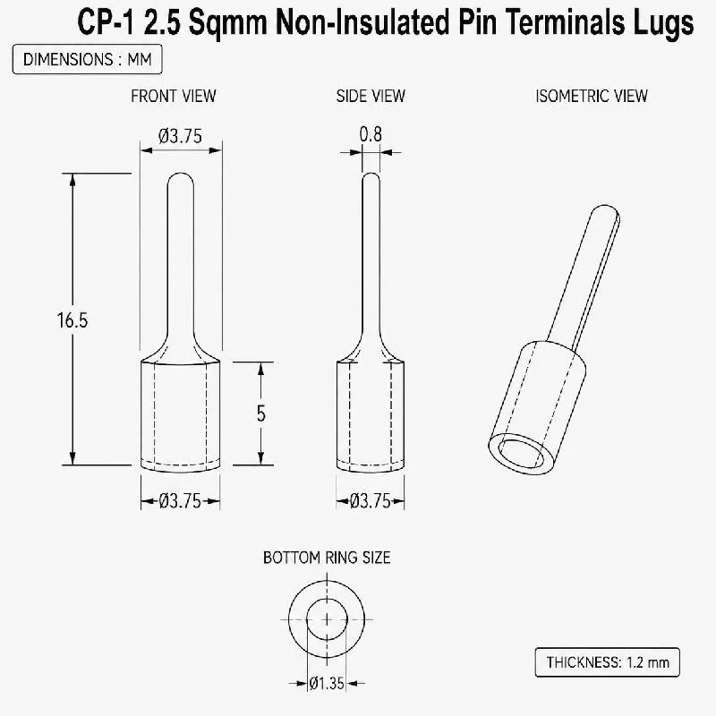 2.5 sqmm non-insulated pin Terminals CP-1 Lugs - Image 2