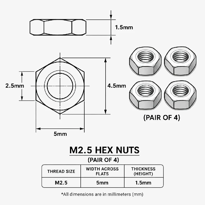 M2.5 Hex Nuts (Pair of 4) - Image 3