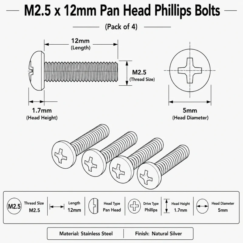 M2.5 x 12mm Pan Head Phillips Bolts (Pack of 4) - Image 4