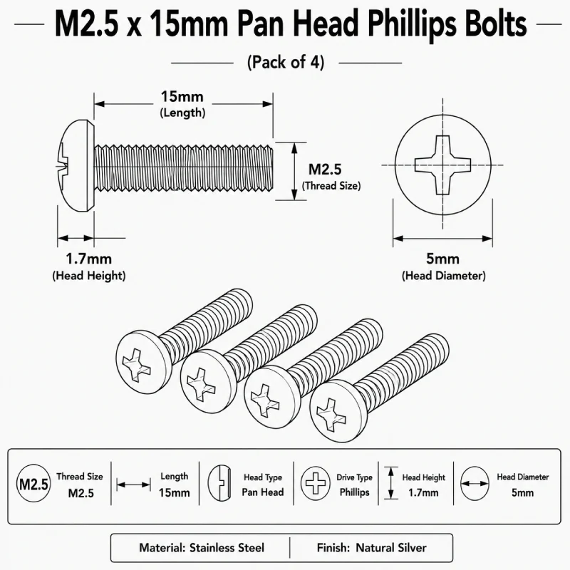 M2.5 x 15mm Pan Head Phillips Bolts (Pack of 4) - Image 4
