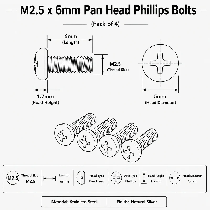 M2.5 x 6mm Pan Head Phillips Bolts (Pack of 4) - Image 4