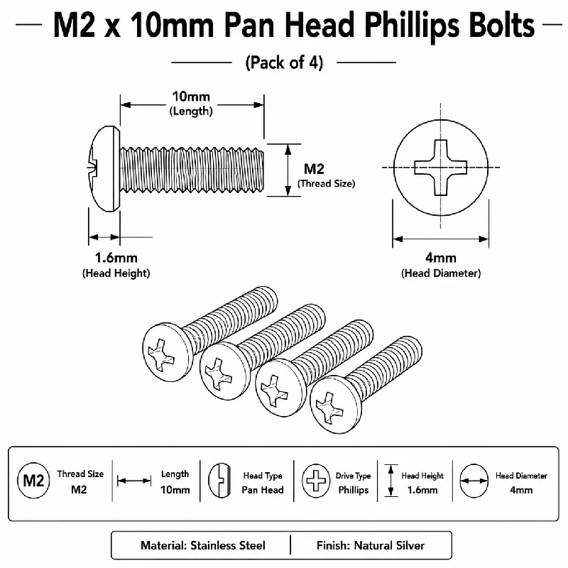 M2 x 10mm Pan Head Phillips Bolts (Pack of 4) - Image 4