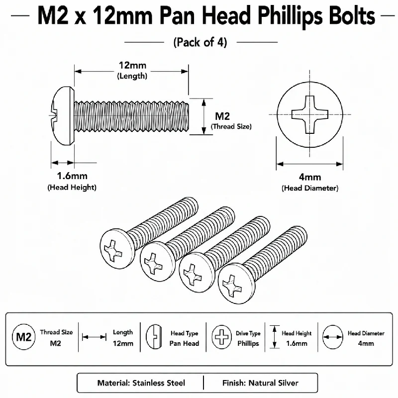 M2 x 12mm Pan Head Phillips Bolts (Pack of 4) - Image 4