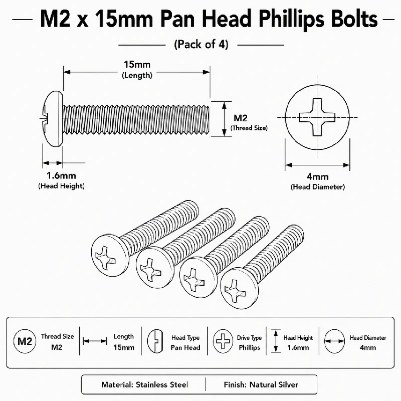 M2 x 15mm Pan Head Phillips Bolts (Pack of 4) - Image 4