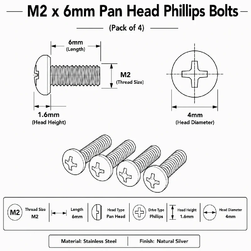 M2 x 6mm Pan Head Phillips Bolts (Pack of 4) - Image 4
