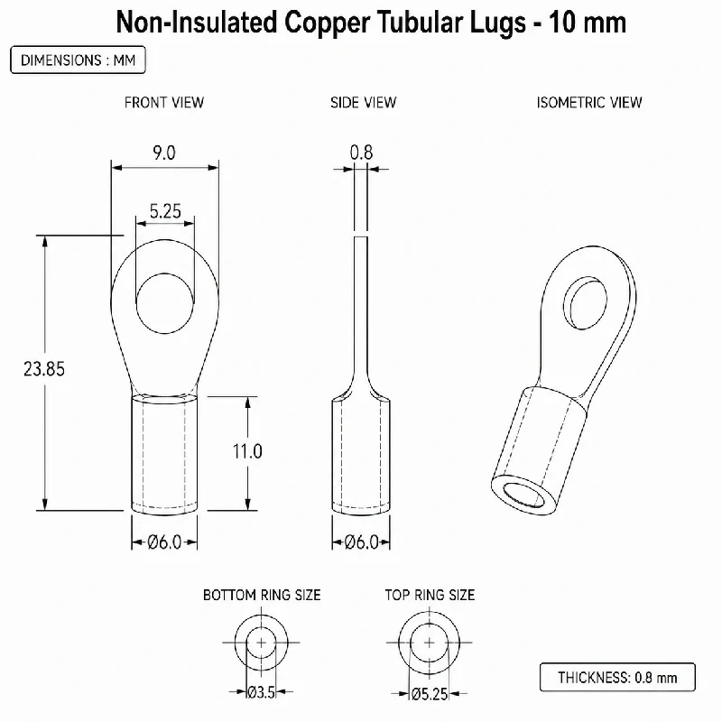 Non-Insulated Copper Tubular Lugs -10mm - Image 2