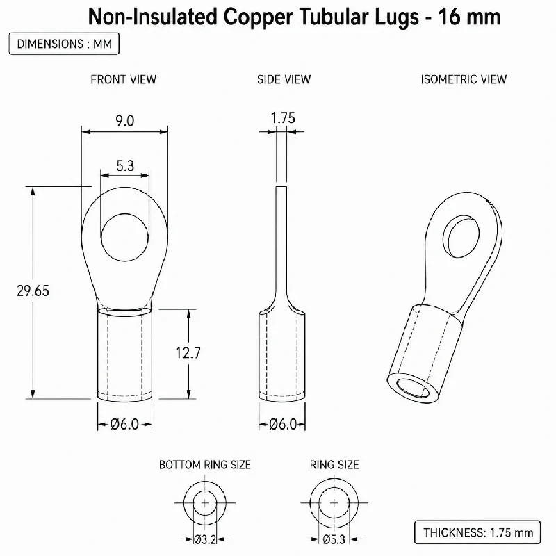 Non-Insulated Copper Tubular Lugs - 16 mm - Image 3