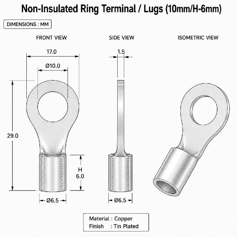 Non-Insulated Ring Terminal / Lugs (10mm/H-6mm) - Image 2