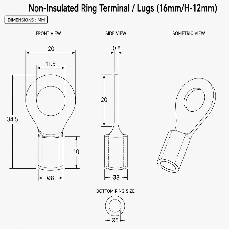 Non-Insulated Ring Terminal / Lugs (16mm/H-12mm) - Image 4
