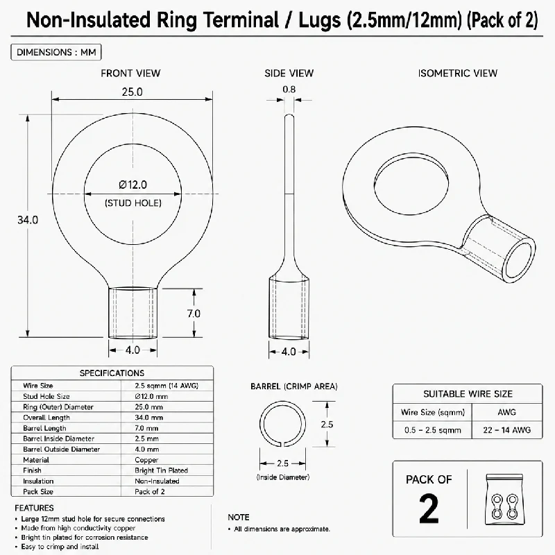 Non-Insulated Ring Terminal / Lugs (2.5mm/12mm) (Pack of 2) - Image 2