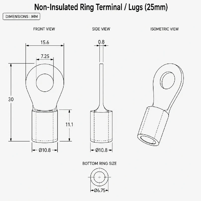 Non-Insulated Ring Terminal / Lugs (25mm) - Image 2