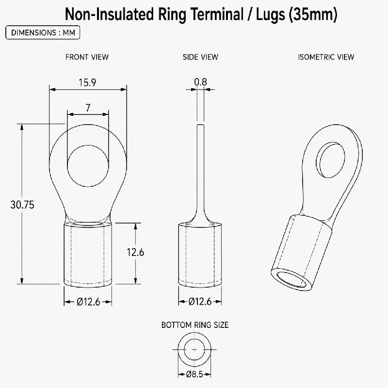 Non-Insulated Ring Terminal / Lugs (35mm) - Image 2