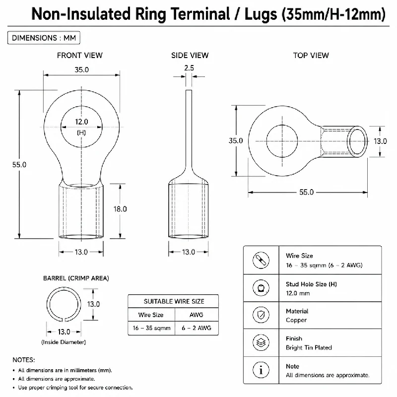 Non-Insulated Ring Terminal / Lugs (35mm/H-12mm) - Image 4