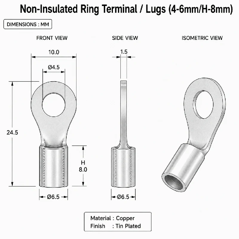 Non-Insulated Ring Terminal / Lugs (4-6mm/H-8mm) - Image 2