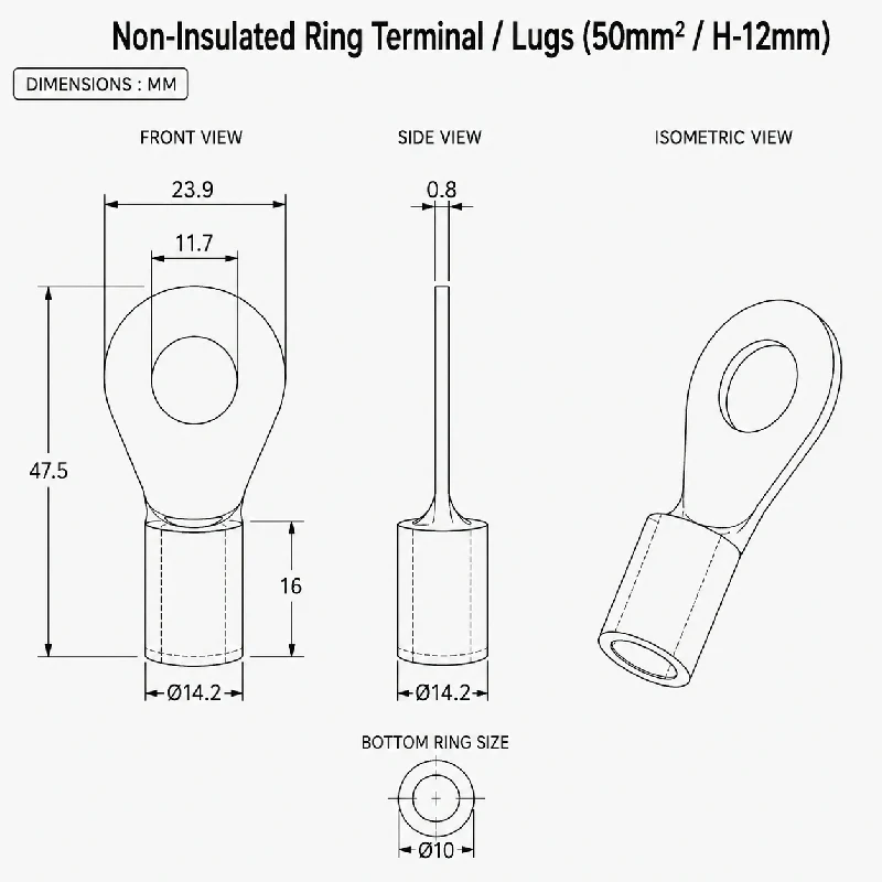 Non-Insulated Ring Terminal / Lugs (50mm/H-12mm) - Image 3