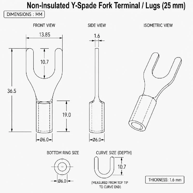 Non-Insulated Y-Spade Fork Terminal / Lugs (25 mm) - Image 4