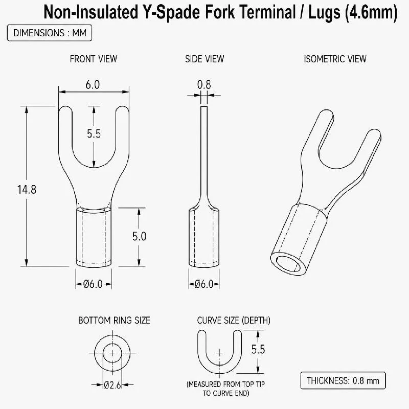 Non-Insulated Y-Spade Fork Terminal / Lugs (4.6mm) - Pack Of 2 - Image 2