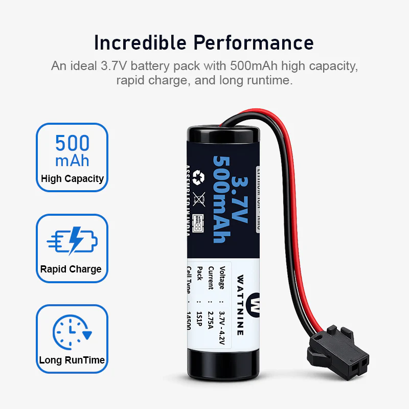 WATTNINE® 3.7V 500mAh Li-ion Rechargeable Battery with BMS and SM Connector for RC Cars, Remote Control Toys, Robot Kits & DIY Projects - Image 2