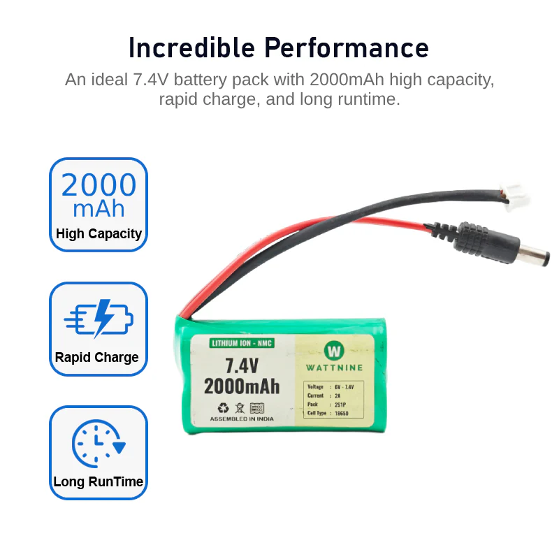 WATTNINE® 7.4V 2000mAh Rechargeable Lithium Battery Pack with Warranty for GPS, CCTV, Industrial and Commercial Application - Image 2