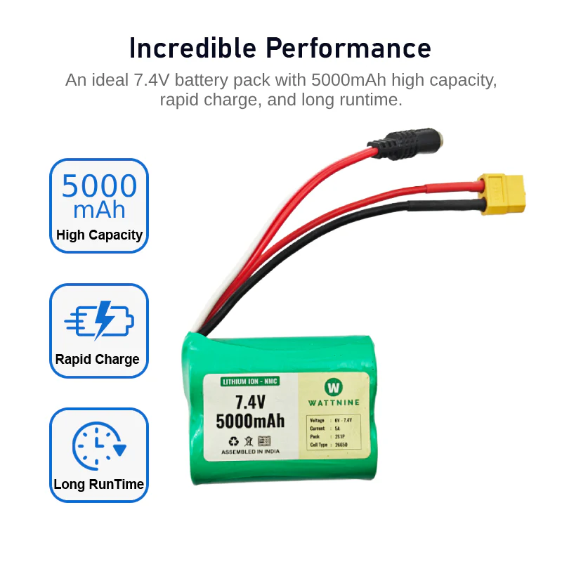 WATTNINE® 7.4V 5000mAh Rechargeable Lithium Battery with Warranty for GPS, CCTV, Industrial and Commercial Application - Image 2