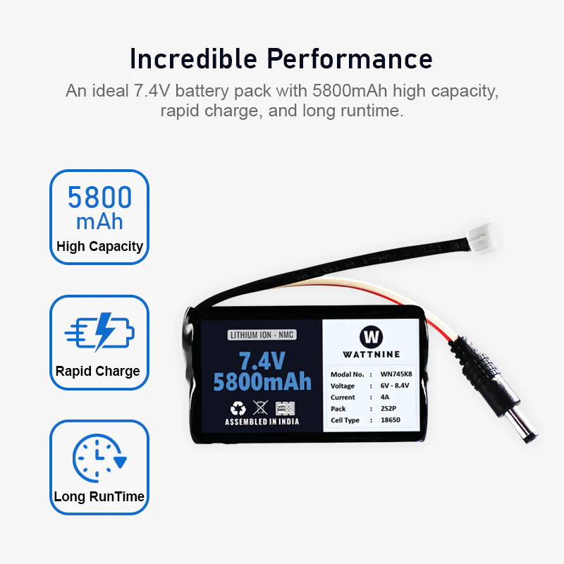 WATTNINE® 7.4V 5800mAh Rechargeable Lithium-ion NMC Battery Pack with Warranty for GPS, CCTV, and Commercial Application - Image 2