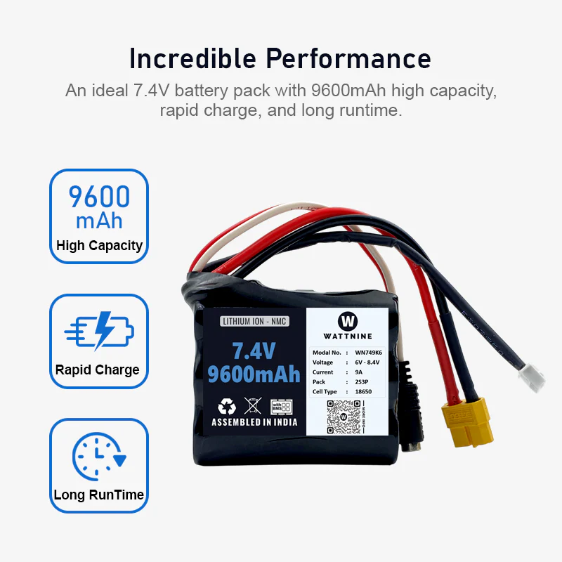 WATTNINE® 7.4V 9600mAh Rechargeable Lithium-ion NMC Battery Pack with Warranty for GPS, CCTV, and Commercial Application - Image 2